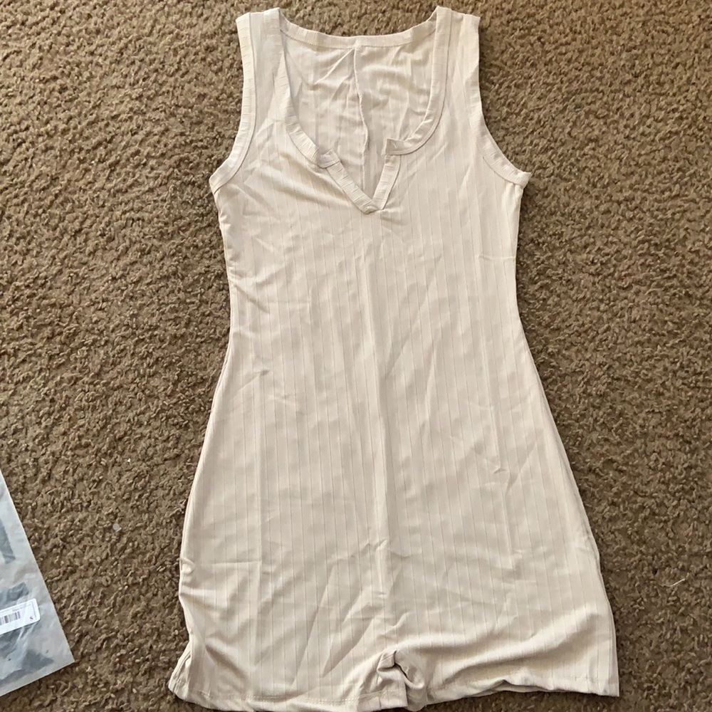 SHEIN Beige Solid Notched Neck Romper